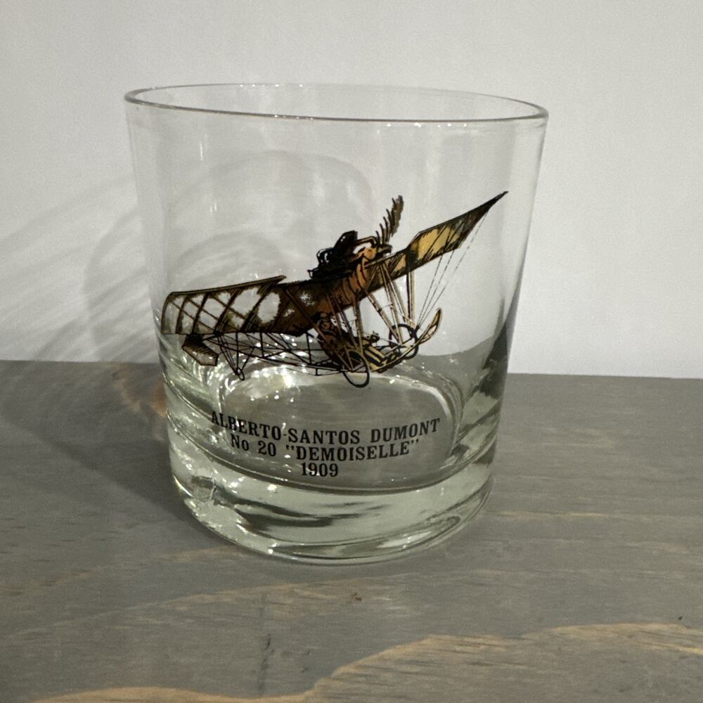 VTG -Plane-Bar Glass Tumbler 3 1/2" Alberto-Santos Dumont No 20 Demoiselle 1909